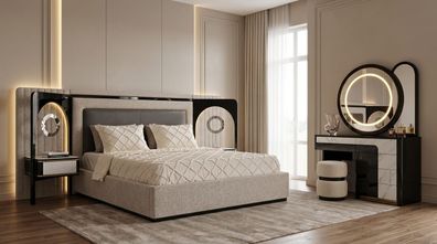 Schlafzimmer Set Beige Bett Nachttische Schminktisch Spiegel Sitzhocker