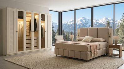 Beiges Schlafzimmer Doppelbett Designer Kleiderschrank Luxus Set