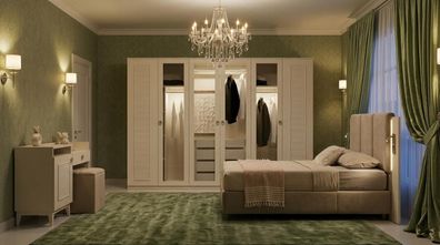 Beiges Schlafzimmer Set Schrank Bett Kommode Modern Holz Textil