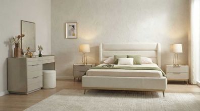 Schlafzimmer Set Beige Modern Luxus Bett Schminktisch 2x Nachttische