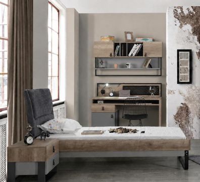 Jugendzimmer Set Bett Nachttisch Schreibtisch Bücherregal Grau