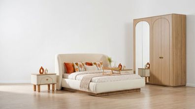Schlafzimmer Set Beige Modern Luxus Bett Nachttisch Schrank