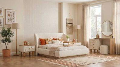 Schlafzimmer Set Beige Modern Luxus Bett 2x Nachttische Schminktisch
