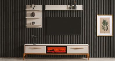 TV Lowboard Wandschrank Wandregal Stil modern beige Kamin