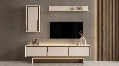 TV Lowboard Wandschrank Wandregal Stil modern beige Kamin