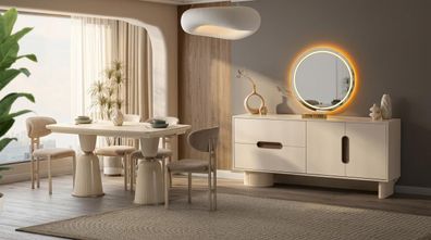 Elegantes Esszimmer Set Beige Holz Metall Komplettset 8 Teilig