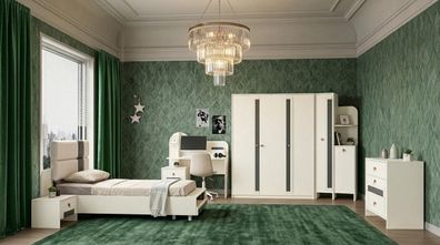 Minimalistisches Jugendzimmer Set Weiß Holz Metall Bett Schrank Tisch