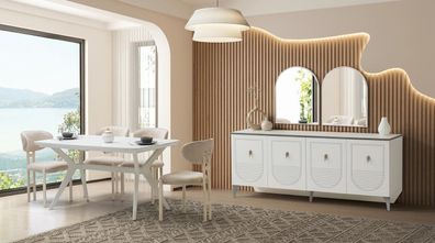Skandi Esszimmer Set Weiß Holz Metall Esstisch Stühle Sideboard TV