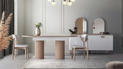 Modernes Esszimmer Set Beige Holz TV Lowboard Sideboard Ausziehtisch