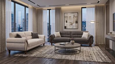 Beige-graues Sofa-Set 3 + 2-Sitzer-Sofas Stoffsofas Wohnzimmer Arbeitszimmer