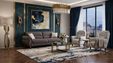 Grau-Beige stilvolles Sofageset 3 + 1 + 1-Sitzer-Sofas Stoffsofas Sessel modern