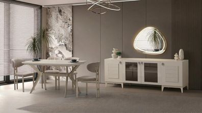 Modernes Esszimmer Set Beige Sideboard TV-Ständer Ausziehtisch Stühle