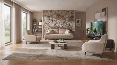 Beige Polstergarnitur Stilvoller 3-Sitzer 2x Loungesessel 3tlg Set