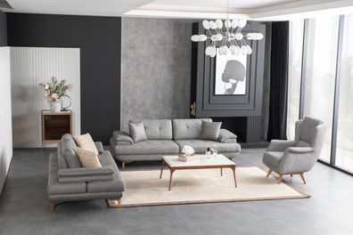 Graue Wohnzimmer Polstergarnitur Stilvoller 3-Sitzer Stoffsessel