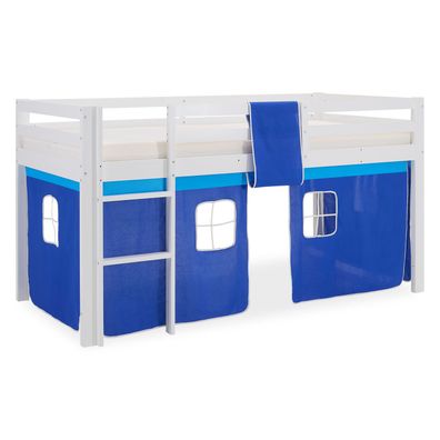Kinderbett Hochbett Massiv Kiefer weiß Vorhang blau, 519