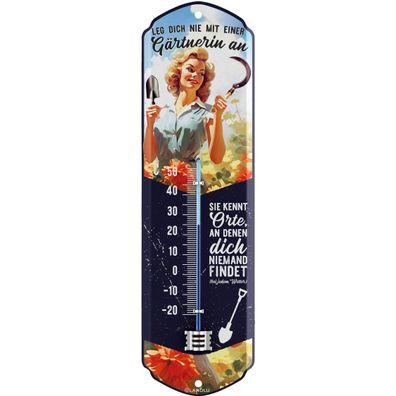 LANOLU Wandthermometer Gärtnerin Spruch 8x28cm Garten Retro Deko