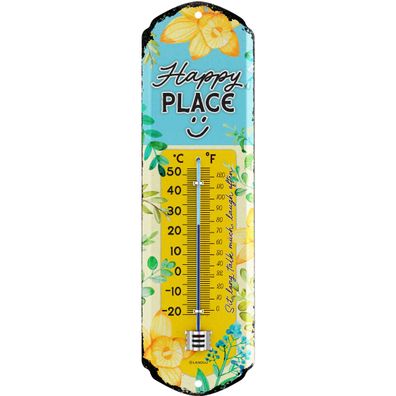 LANOLU Wandthermometer Happy Place 8x28cm Retro Vintage Deko Thermometer