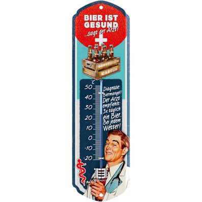 LANOLU Wandthermometer Bier ist gesund sagt der Arzt 8x28cm Retro Bar Deko