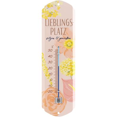 LANOLU Wandthermometer Lieblingsplatz Rosa 8x28cm Retro Vintage Wanddeko