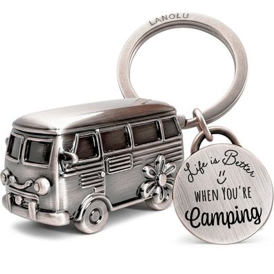 LANOLU Schlüsselanhänger Camping Anhänger "Camping Glück" - Vintage Silber