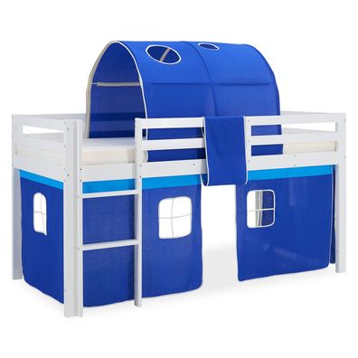 Hochbett Kinderbett Tunnel Vorhang blau 90x200 Jugendbett Kiefer