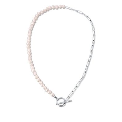 Trendy steel necklace with real river pearls JL0788