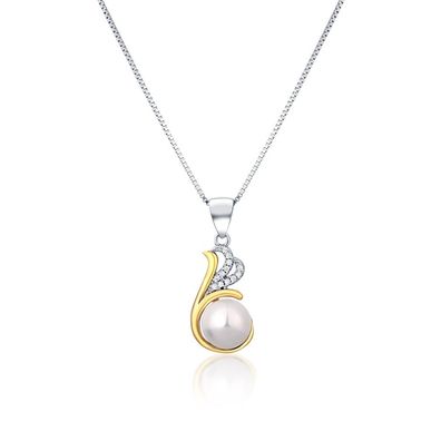 Silver bicolor necklace with real pearl and zircons JL0786 (chain, pendant)