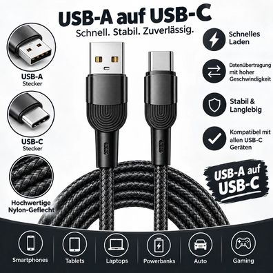 USB-A auf USB-C Ladekabel Schnell Ladekabel Datenkabel 1M 1,5M USB-A Cable Black