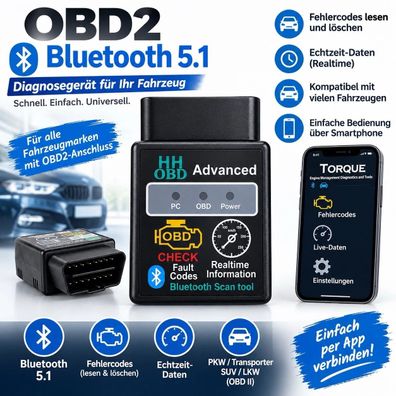 OBD2 Bluetooth 5.1 ELM327 Diagnosegerät - Android & iOS & Microsoft Auslesen