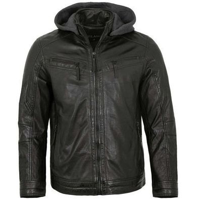 Jilani - Herren Lederjacke Kapuze Lammnappa schwarz
