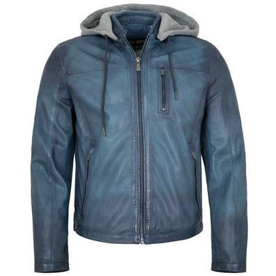 Jilani - Herren Lederjacke Kapuze Lammnappa blau