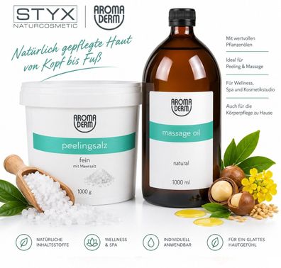 STYX Aroma Derm Peeling Set - Peelingsalz 1000 g + Massageöl Natur 1000 ml