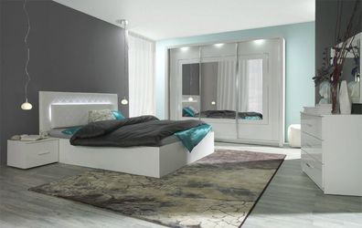Komplett Schlafzimmer Hochglanz Weiß mit LED Bett, Schrank, 2 x Nako
