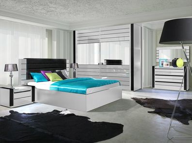 Schlafzimmer Komplett Linn Hochglanz Weiß mit LED Bett, Schrank, 2 x Nako