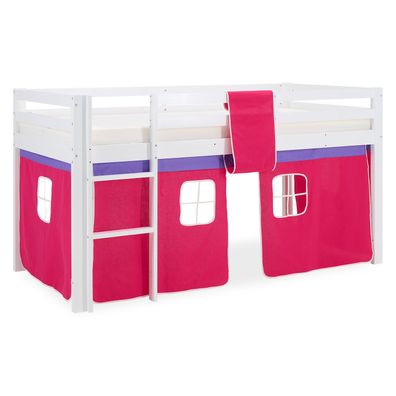 Kinderbett Hochbett Massiv Kiefer weiß pinker Vorhang, 538
