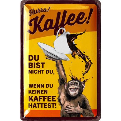 LANOLU Blechschild Hurra Kaffee Affe 20x30cm Kaffee Küche Humor Retro Deko