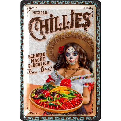 LANOLU Blechschild Mexican Chillies 20x30cm Chili Küche Mexiko Retro Deko