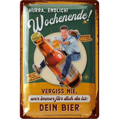 LANOLU Blechschild Endlich Wochenende mit Bier 20x30cm Bier Bar Humor Retro Deko