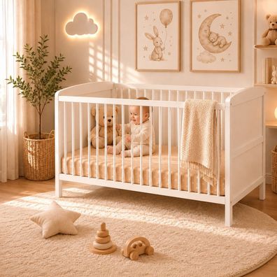 Best for Home - Babybett 70x140 cm | Juniorbett umbaubar | Ohne Matratze | Weiß/Braun