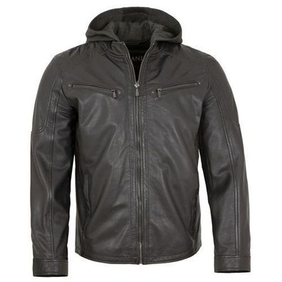 Jilani Collection - Herren Lederjacke Kapuze Lammnappa anthra