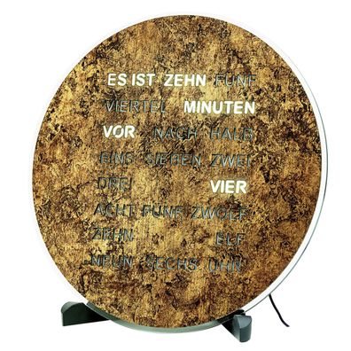 AMS T1293 Tisch- und Wanduhr mit LED-Wortuhr in goldbrauner Wurzelstruktur