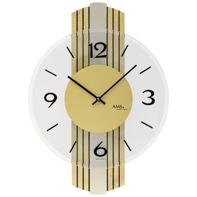 AMS W9673 Wanduhr mit Holzgehäuse und Messingantik-Auflage