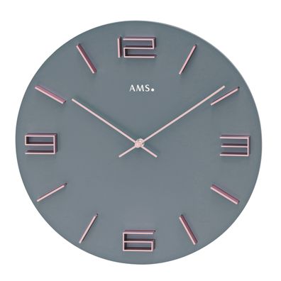 AMS W9590 Wanduhr grau lackiert mit aufgesetzten rosafarbenen Aluminium-Ziffern