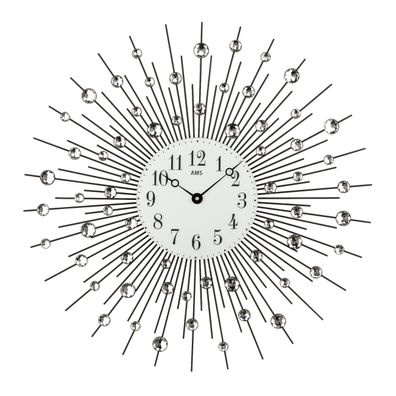 AMS W9380 Wanduhr mit schwarz lackiertem Metallgehäuse und geschliffenen Glassteinen