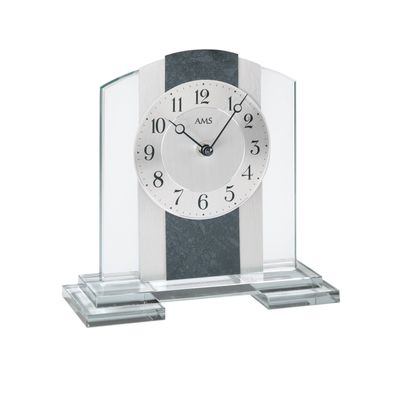 AMS T1121 Tischuhr mit Mineralglasgehäuse, Schiefer und Aluminium-Applikation