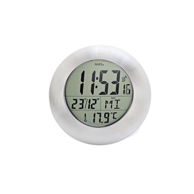 AMS F5929 Funkwanduhr mit digitaler LCD-Anzeige in Aluminiumoptik