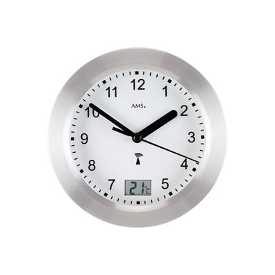 AMS F5923 Funkwanduhr mit silbernem Aluminium-Frontring und Temperaturanzeige
