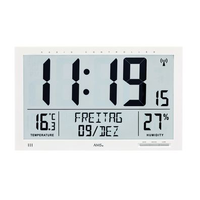 AMS F5887 Funkwanduhr mit digitaler LCD-Anzeige und Raumklimadaten