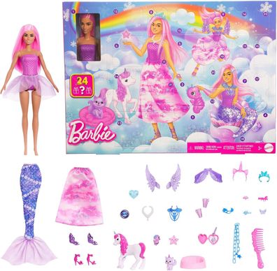 Barbie Adventskalender mit Puppe und Fantasiezubehör 24 Teile Überraschungszubehör in