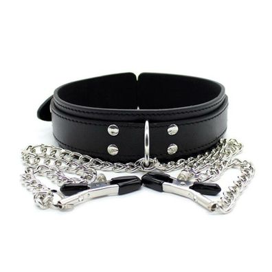 Halsband mit Nippelklemmen und Metallkette Schwarz